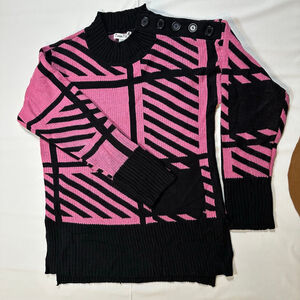 Vintage 80s Caren Sport | Pink & Black Graphic Geometric Knit Sweater | XL